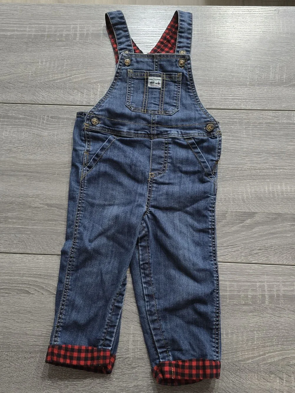 Carters Toddler Blue Denim Overalls W Red Buffalo Plaid Detail - Size 24m